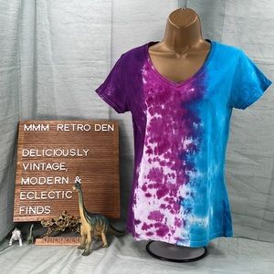 Handcrafted Women’s Blue, Pink, Purple Tie Dye V Neck Upcycled  T-shirt | S